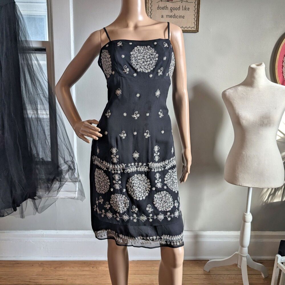 Vintage 1990s Sue Wong Mini Dress Black Silk Floral Embroidery Gothic Size 8